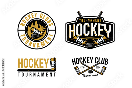 hockey logo label and emblem set collections with crest stick and puck vector for hockey tournament
