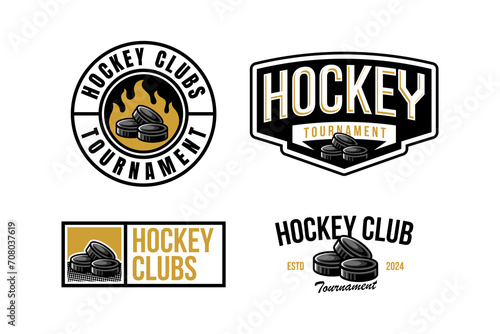 hockey logo label and emblem set collections with hockey pucks vector for hockey tournament
