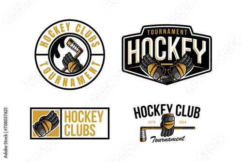 hockey logo label and emblem set collections with glove and crest stick vector for hockey team 