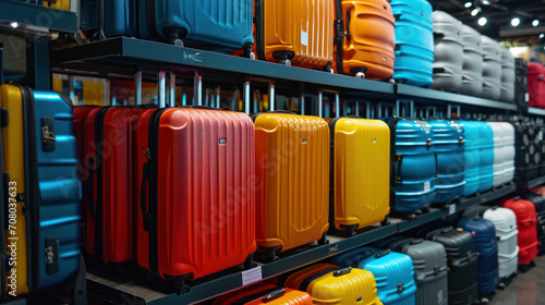 Stylish suitcases on color background. Packed travel colorful suitcases. Many multi colored big suitcases or luggage.