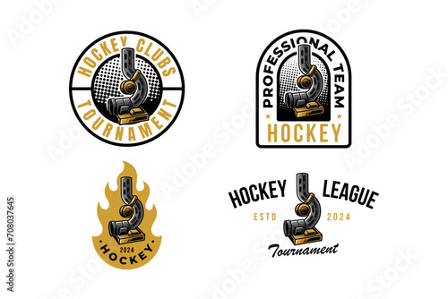 hockey logo label and emblem set collections with hockey puck thrower vector for hockey tournament
