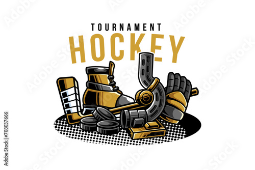 hockey equipment logo set collections with hockey puck stick glove thrower and ice skate vector
