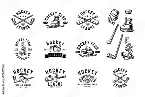 hockey emblem logo set with hockey puck stick glove thrower and ice skate vector for hockey team
