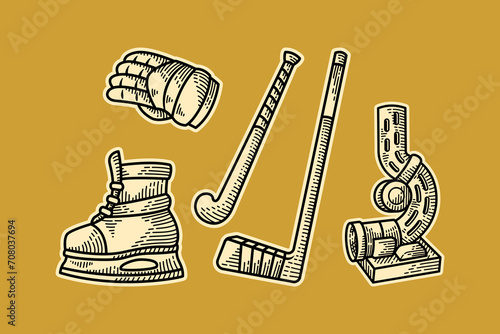 hockey equipment doodle illustration with hockey puck, stick, glove, thrower and ice skate vector
