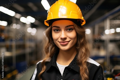 portrait of a young female engineer wearing a hardhat in a factory
