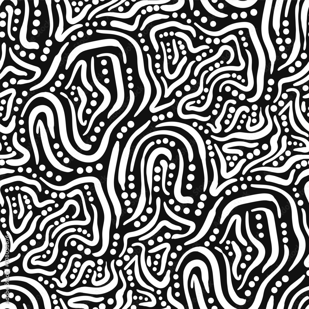 Obraz premium vector white freeform line and dot seamless pattern on black.