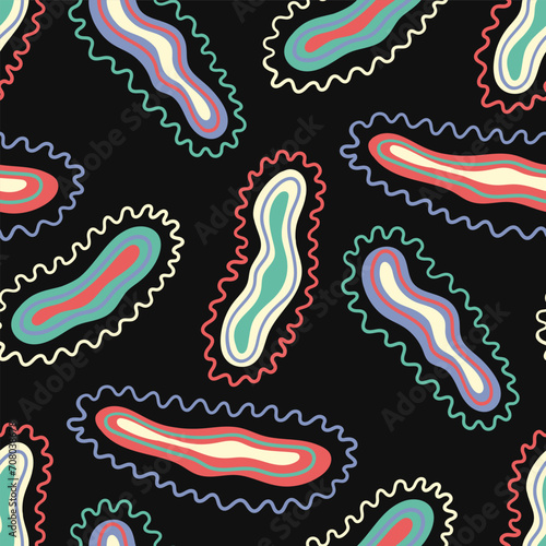 vector modern colorful ameba bacteria seamless pattern on black.