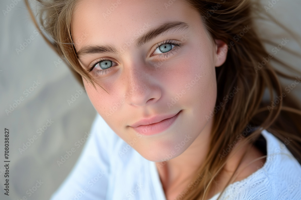 Portrait of a young woman with blue eyes and white shirt lying down on the beach Portrait of a young woman with blue eyes and white shirt lying down on the beach