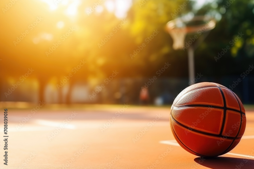 Basketball on sunny outdoor court.