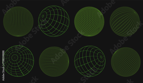 Neon globe grid spheres collection. Striped 3D spheres, geometry globe grid, earth latitude and longitude line grid vector symbol set. Spherical grid globe shapes. Illustration globe striped © vervolis