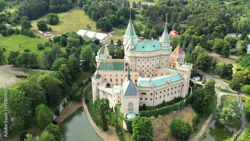 Aerial view of Bojnice medieval castle, UNESCO heritage in Slovakia. The Castle Of Spirits or Bojnice Castle in Slovakia. Romantic castle with with gothic and Renaissance elements
