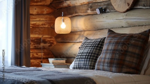 Natural log lampshade near bed. Rustic interior design of modern bedroom