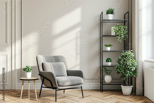 Open shelf stand near beige wall and gray armchair in room with parquet  floor. Scandinavian interior design of modern living room.