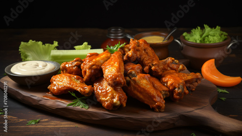 Buffalo wings with melted hot sauce on a wooden