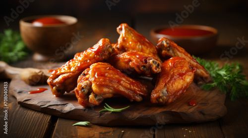 Buffalo wings with melted hot sauce on a wooden © Asmara