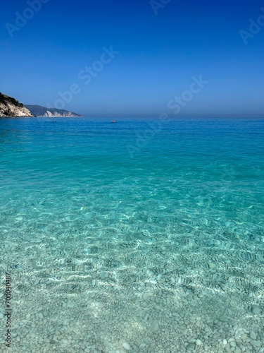 Turquoise clear waters of Ionian Sea, Fteri beach, Kefalonia island, Greece
