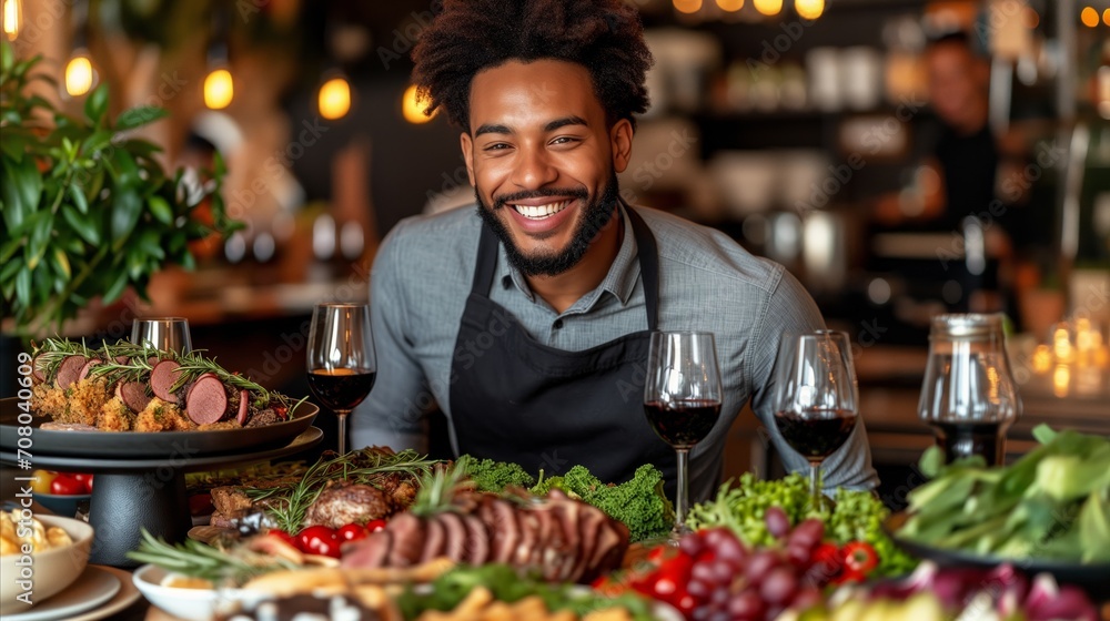 Man Sitting at Food-filled Table Man Sitting at Food-filled Table