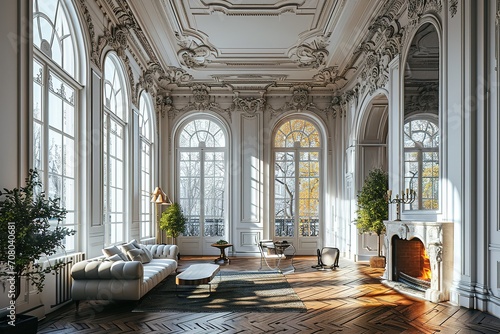 Cozy posh luxurious interior design of room without furniture with wooden classic parquet floor, tall ceiling, french windows, fireplace, white panel walls, parisian look. Background © interior