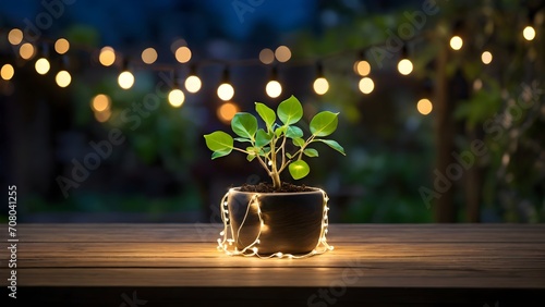 young plant sprout growing Empty Wood table top with decorative outdoor string lights hanging on tree in the garden at night time	
 photo