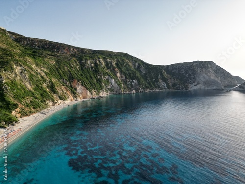 Drone view of Petani beach, Kefalonia island, Greece, Ionian Sea