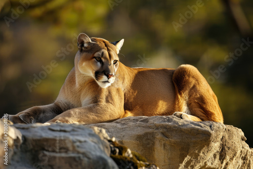 A majestic mountain lion rests atop a rocky ledge its regal posture exuding strength and tranquility © Venka
