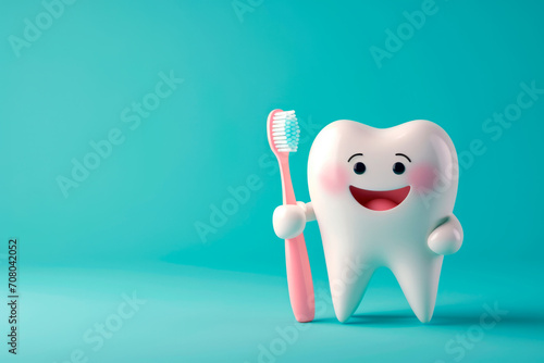 Happy tooth holding toothbrush background. Oral health pediatric concept. 