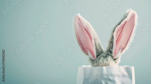 Pink velvet bunny ears in a paper bag on a pastel blue background.