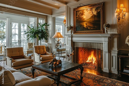 fireplace with painting above warm room