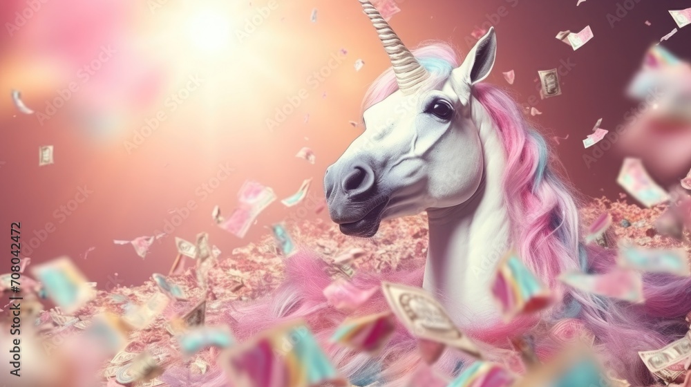 jackpot and lottery winnings. the unicorn, horse, animal screams happily. dollars are falling from heaven. happiness, luck