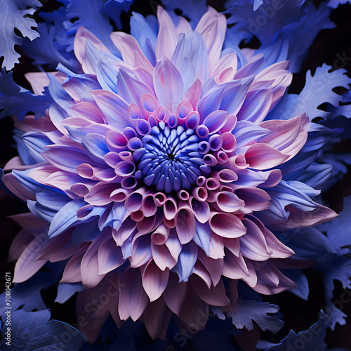 blue and pink dahlia flower
