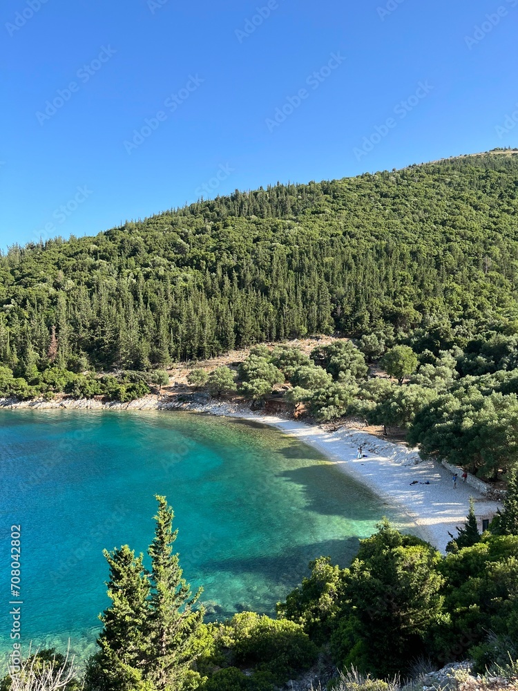 Top view of Chorgota beach, Kefalonia island, Greece. Small wild beach surrounded by pine forest
