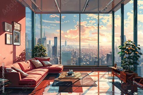Illustration of a cozy modern high rise penthouse apartment in New York with a cityscape view. The pink interior design is relaxing.