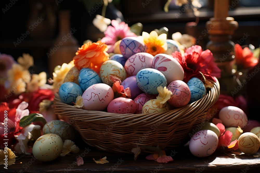 Easter basket filled with colorful eggs. Easter concept. Easter basket filled with colorful eggs. Easter concept.