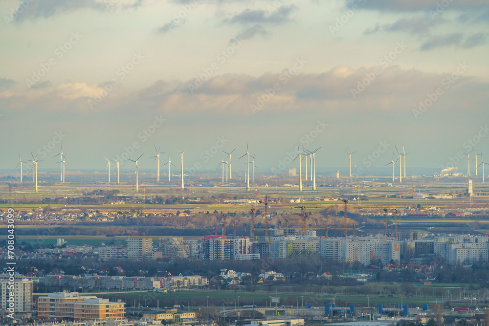 Vienna, Austria - 14 December 2023: A wind farm east of the city of Vienna