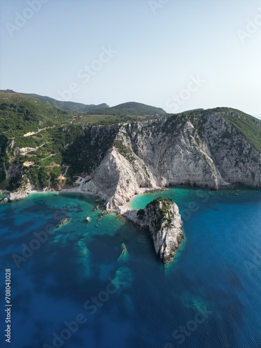 Drone photo of dinosaur shaped rock near Agia Eleni beach, Kefalonia island, Greece