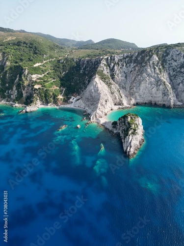 Drone photo of dinosaur shaped rock near Agia Eleni beach, Kefalonia island, Greece
