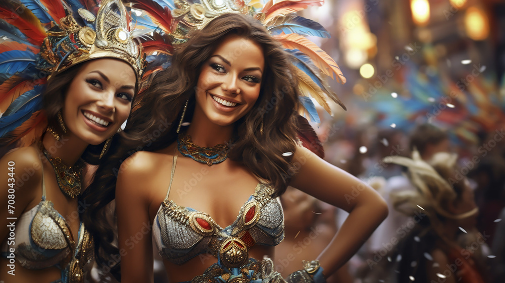 Two beautiful happy women in carnival costumes and feathers at chic carnival against background of bokeh and fireworks. Rio carnival festive concept Two beautiful happy women in carnival costumes and feathers at chic carnival against background of bokeh and fireworks. Rio carnival festive concept