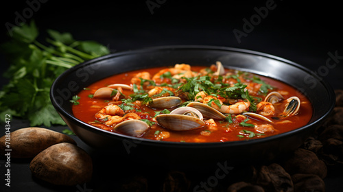 Close up spicy red copping soup with clam meat
