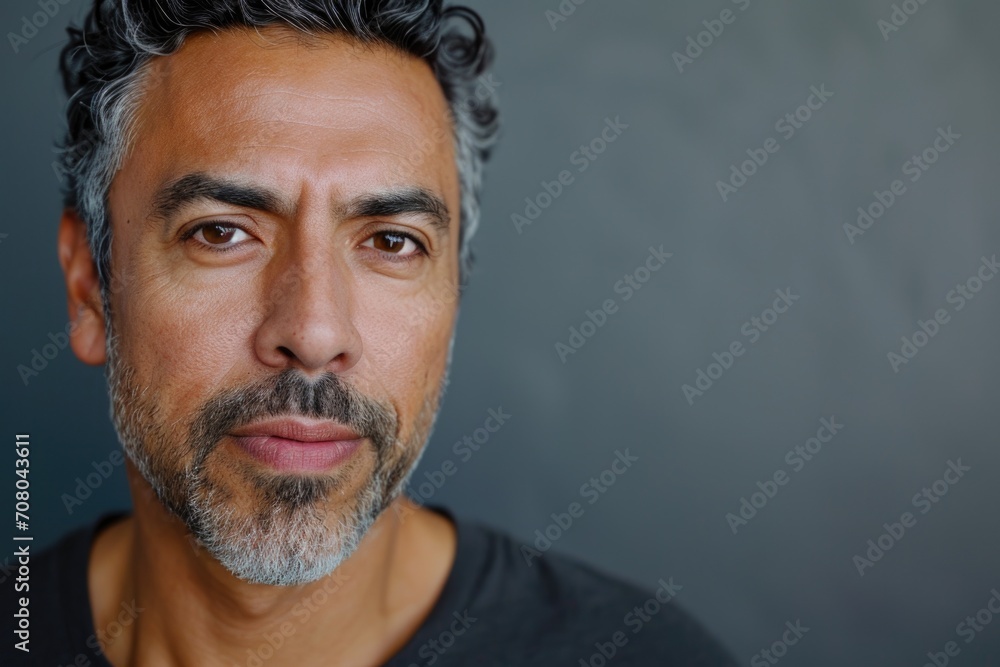 Fototapeta premium Portrait of a handsome middle-aged Hispanic man against a dark background.
