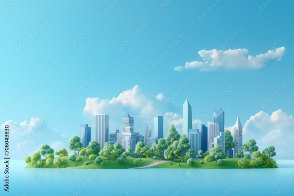Fototapeta premium Cityscape background with green trees and blue sky.