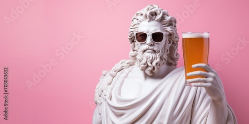 White sculpture of Zeus with a glass of beer on a pink background. photo