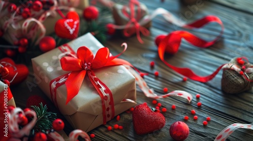Christmas gift boxes with red ribbon on wooden background. Valentines day concept. AI generated