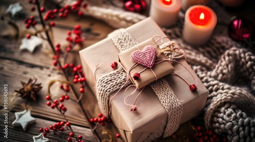 Christmas gift boxes and decorations on rustic wooden background with copy space. AI generated