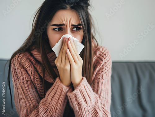 Woman sick and sneeze with tissue paper