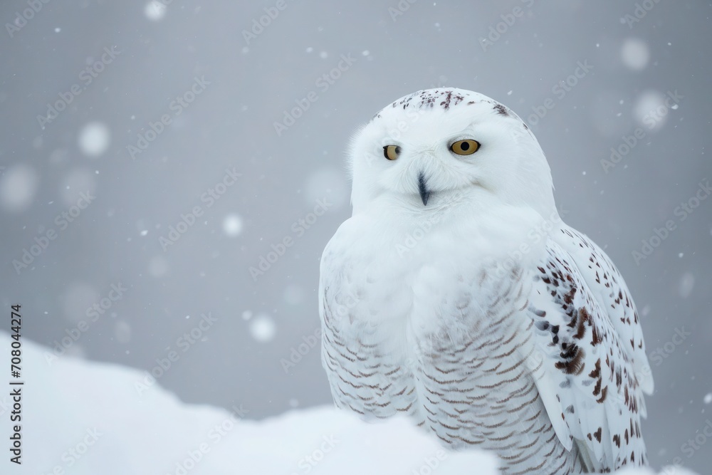 Obraz premium A snowy owl with a haunting gaze and dense plumage keeps watch in a snowy landscape.