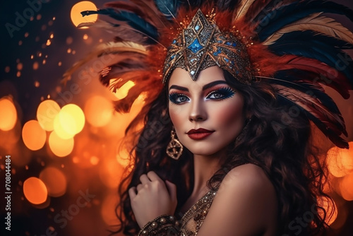 Beautiful woman in carnival costume and feathers at chic carnival against background of bokeh and fireworks. Copy space for text
