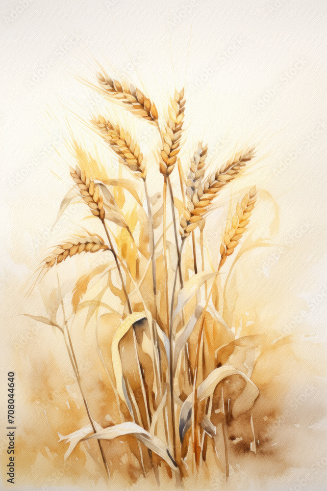 Barley and wheat watercolour illustration. Ripe ears of barley. Watecolor painting on aquarelle paper.