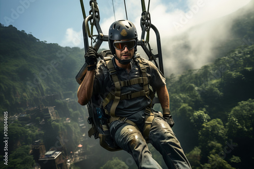 Zip Line Adventure: Man enjoying a zip-lining experience over dense forest terrain.