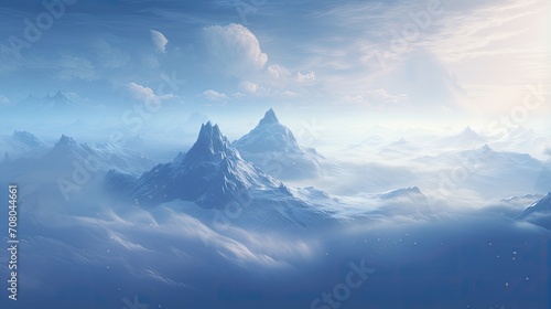 Mountain range with visible silhouettes through the morning colorful fog. Hazy mountain sunset. Panoramic view. Snowy desert terrain on a sunny day. Illustration for cover, card, interior design, etc.