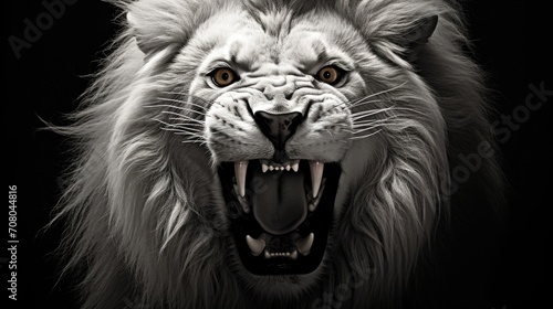 Close-up of the head of an aggressive lion ready to attack. Wild animal in monochrome style. Illustration for cover  card  postcard  interior design  banner  poster  brochure or presentation.